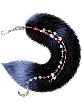 Women's Black Fox 11.8 Inch Fluffy Therian Fox Tail Keychain and Beaded Pendant